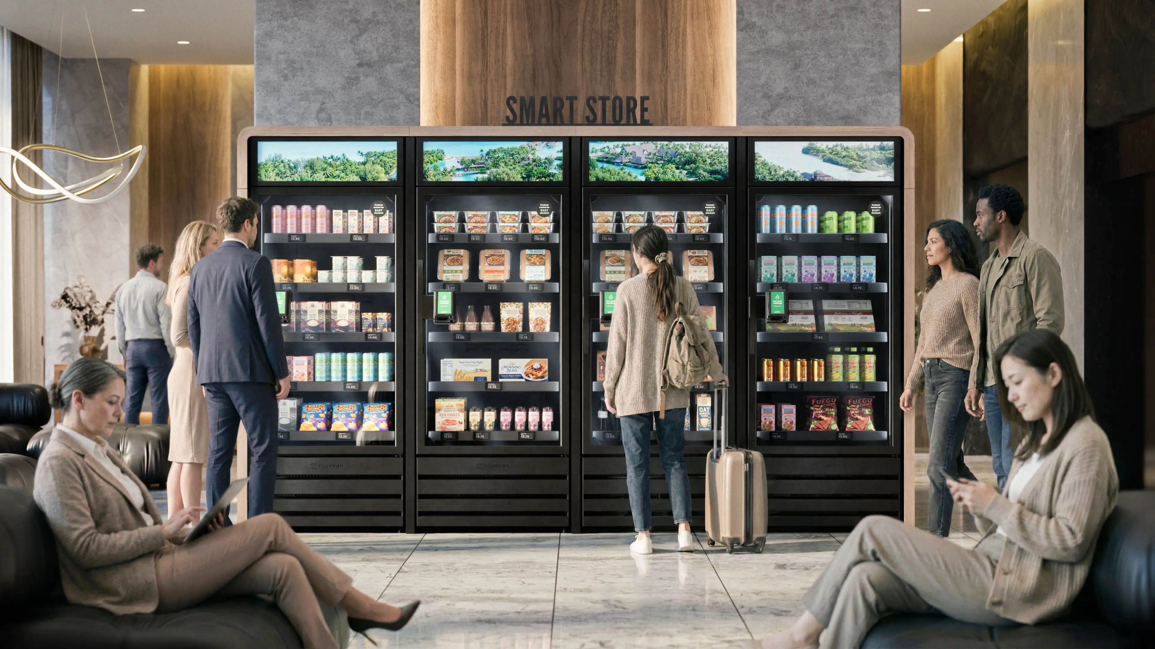 Contactless vending machine in a hotel lobby